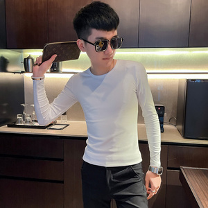 T 秋季社会小伙纯色修身打底衫长袖T恤男潮流 白1图片