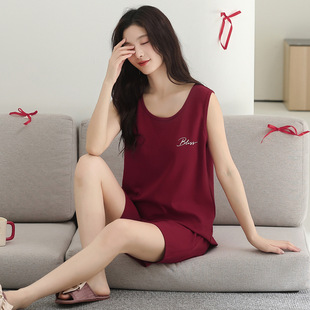 外穿家居服套装 本命年红色纯棉睡衣女夏背心短裤 套头圆领休闲时尚