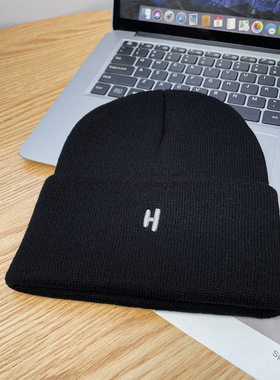 H字母针织帽女冬季韩版百搭包头冷帽情侣潮防寒保暖护耳毛线帽