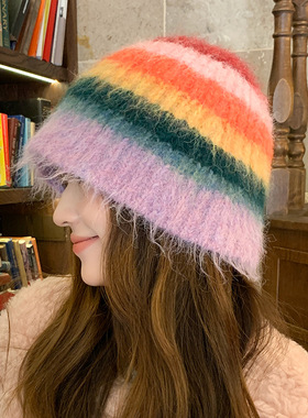 多巴胺针织条纹渔夫帽女韩版秋冬季保暖护耳显脸小盆帽百搭毛线帽