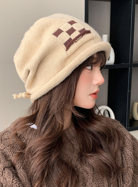 帽子女秋冬季堆堆月子帽大头围洋气针织毛线帽保暖护耳套头冷帽