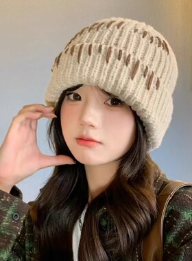 针织毛线帽女秋冬季手工缝线显脸小加厚保暖护耳帽学生百搭冷帽