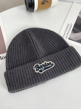 大头围毛线帽冬季加厚保暖护耳字母针织帽日系简约百搭冷帽女