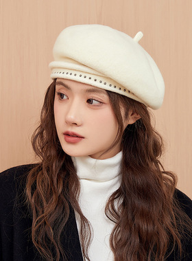 级感羊毛呢贝雷帽女秋冬日系复古百搭显脸小画家帽大头围报童帽