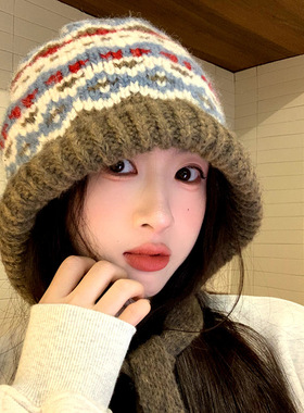 费尔岛风针织帽子女秋冬季复古巴拉克拉法帽包包帽保暖护耳毛线帽