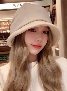 麂皮绒渔夫帽女秋冬韩版卷边赫本风三合一复古百搭显脸小堆堆帽