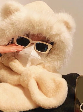 日系毛绒帽子围巾一体两件套可爱小熊耳朵女冬季保暖护耳雷锋帽潮