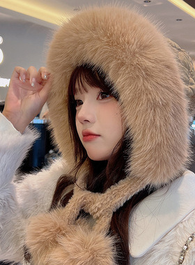 羽绒棉帽子女冬季加绒加厚保暖护耳毛球雷锋帽户外百搭防风包头帽