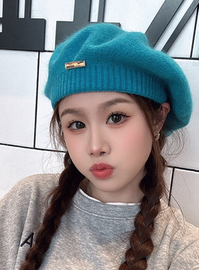 兔毛贝雷帽女秋冬季韩系百搭灰色画家帽复古铁标显脸小毛线蓓蕾帽