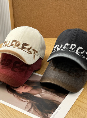 复古美式水洗做旧字母棒球帽子女春秋宽檐大头围显脸小百搭鸭舌帽