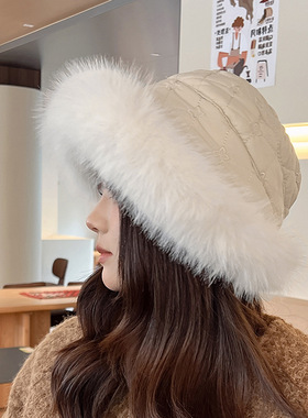 羽绒棉帽子女冬季毛绒渔夫帽韩版加厚保暖护耳东北盆帽显脸小冷帽