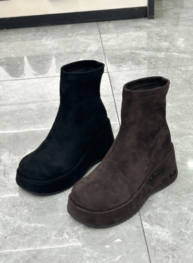 2025新款真皮女鞋休闲舒适厚底圆头弹力靴女短靴瘦瘦靴68082