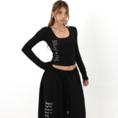 纯色女正肩内搭长袖 BLINGGIRLS 辣妹U领烫钻高弹修身 T恤打底上衣