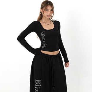 BLINGGIRLS 辣妹U领烫钻高弹修身纯色女正肩内搭长袖T恤打底上衣