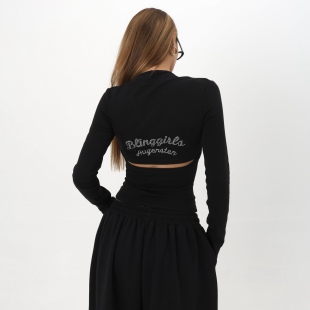 显瘦百搭打底衫 BLINGGIRLS T恤女修身 烫钻镂空V领长袖 上衣 美式