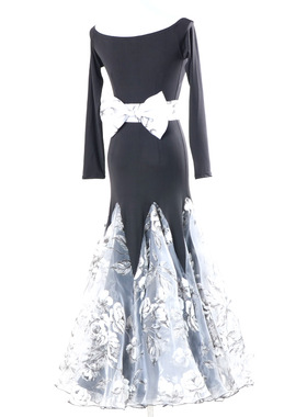 异国舞蹈摩登舞刺绣花大摆船领蝴蝶结腰带无袖摩登连衣裙W13003B