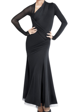 异国舞蹈新品国标舞练习表演服长袖斜领口透背包臀摩登连衣裙2002