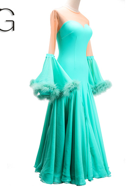 摩登舞新款练习裙肤色露背雪纺定制国标舞表演出交谊舞大摆连衣裙