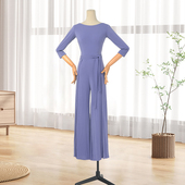 摩登舞新款 亮色水晶麻圆领露背国标舞表演服交谊舞新W23026 连衣裤