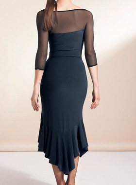 异国舞蹈精品练习表演服腰腹褶皱一字领七分袖拉丁舞连衣裙W18007