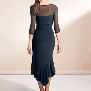 异国舞蹈精品练习表演服腰腹褶皱一字领七分袖拉丁舞连衣裙W18007