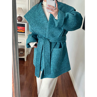 孔雀蓝色双面羊毛大衣女秋冬季气质高级系带短款毛呢外套斗篷秋冬
