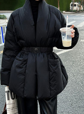 新中式国风收腰羽绒服冬季新款加厚V领慵懒90白鸭绒系带外套女装
