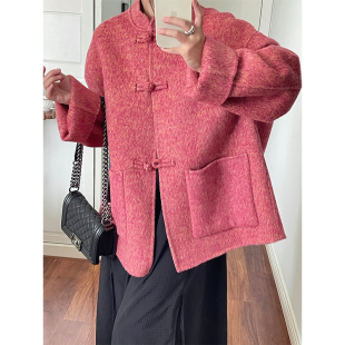 宽松外套 短款 新中式 新年粉色混色盘扣双面呢手工羊毛大衣女春新款