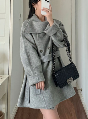 围巾领短款双面羊毛呢大衣100%灰色外套双排扣系带收腰羊绒冬新女