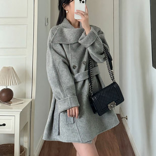 围巾领短款双面羊毛呢大衣100%灰色外套双排扣系带收腰羊绒冬新女