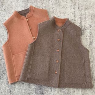 新款 立领双面呢马甲女新中式 两面穿玉石珠手工双面绵羊毛新年女装