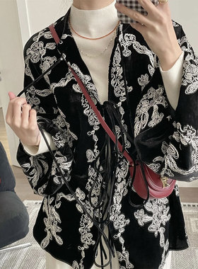 新中式国风黑色丝绒绣花立领绑带灯笼袖开衫外套女装2025早春新品
