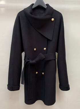 黑色千金风斗篷金属扣中长款收腰围巾领双面手工羊毛呢大衣外套女