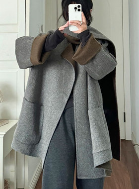 双色[庭门煮雪]100%绵羊毛女装高级感新款秋冬季灰色围巾大衣外套