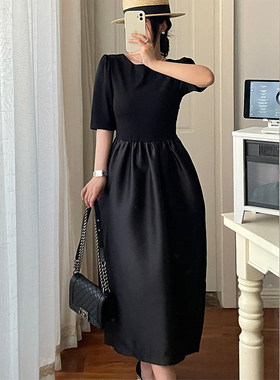 黑色廓形短袖复古后开叉连衣裙女2024夏新款修身蓬蓬裙子显瘦长裙