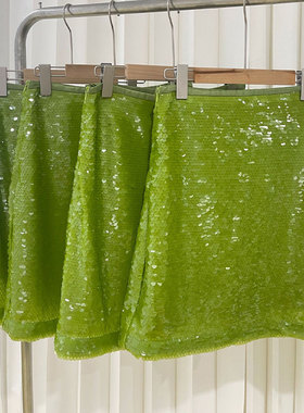 青春糖果色洋气亮片短裙重工半身裙女装夏新款气质绿色A字小短款