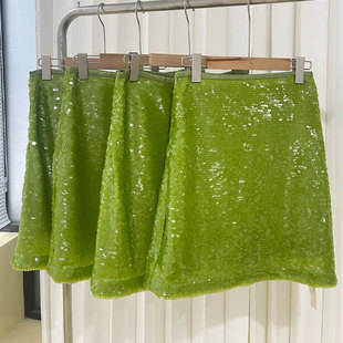 青春糖果色洋气亮片短裙重工半身裙女装夏新款气质绿色A字小短款