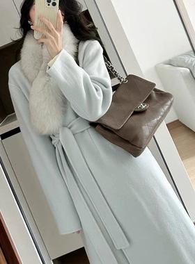 狐狸毛领围脖双面呢绵羊毛大衣女秋冬新款蓝色V领修身中长款外套