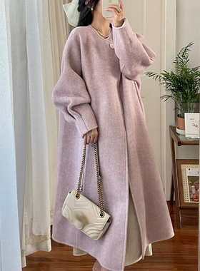 羊毛廓形双面手工中长款大衣澳洲高支超轻桑蚕丝毛呢外套女冬新款