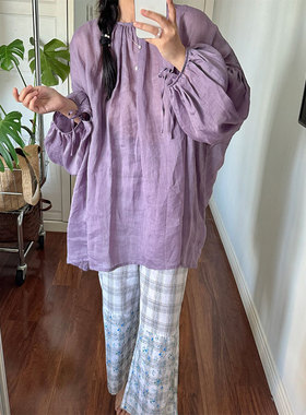 莫兰迪紫苎麻灯笼袖圆领度假廓形衬衫女装夏轻薄透气宽松罩衫上衣
