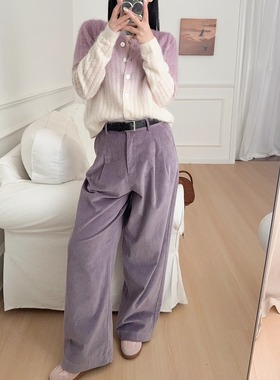 法式薰衣草紫色灯芯绒阔腿裤直筒高腰长裤休闲裤简约女装秋季新款