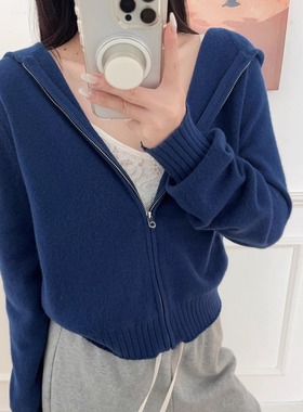 针织开衫毛衣拉链连帽卫衣韩版短款外套灰色休闲长筒裤系带套装女