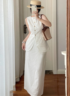 老钱风亚麻西装无袖马甲背心套装女夏装新款长款开叉半身裙两件套