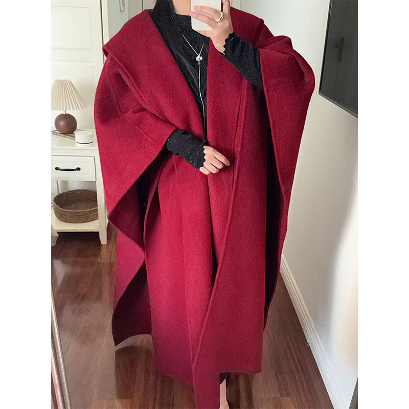 双面羊毛呢骆驼绒东方红中长款连帽斗篷大衣外套女冬季新款高级感