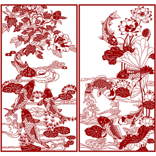 高清鲤鱼牡丹剪纸底稿图案中国花鸟窗花手工刻纸图样黑白打印稿