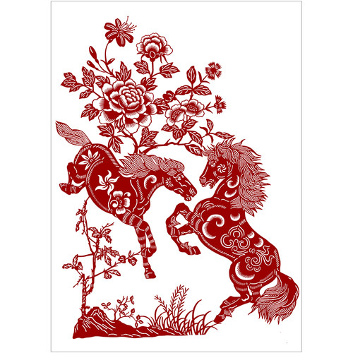 牡丹小马剪纸底稿手工刻纸图样Diy模板中国风窗花图案黑白打印稿