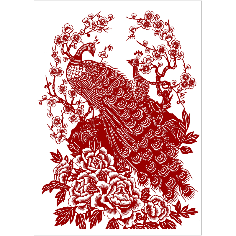 孔雀牡丹剪纸底稿手工刻纸图样diy模板中国风窗花图案黑白打印稿
