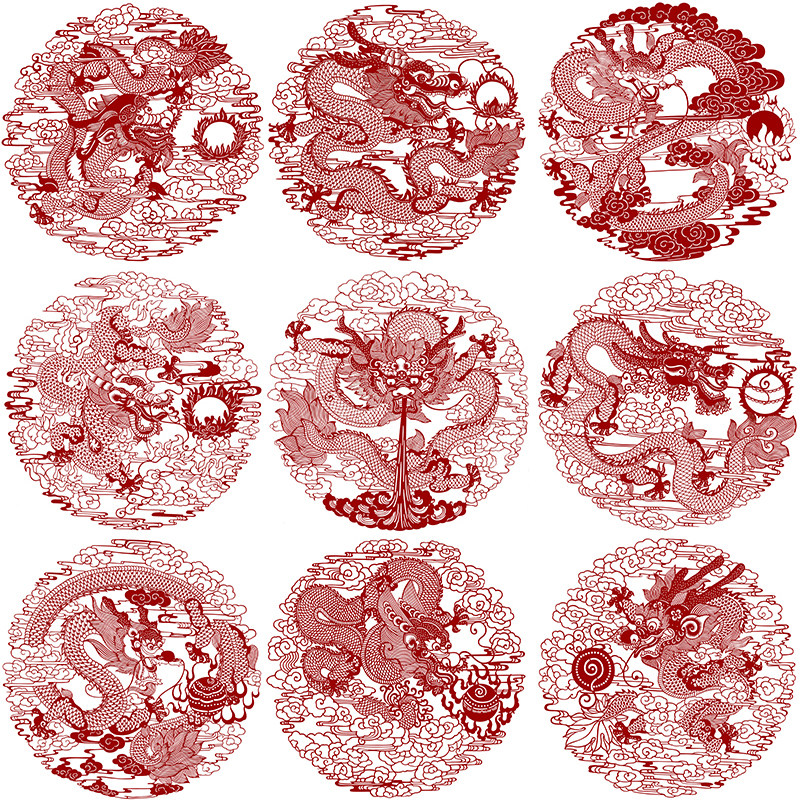九龙图剪纸图案黑白打印底稿9张高清手工刻纸素材练习图样复印稿
