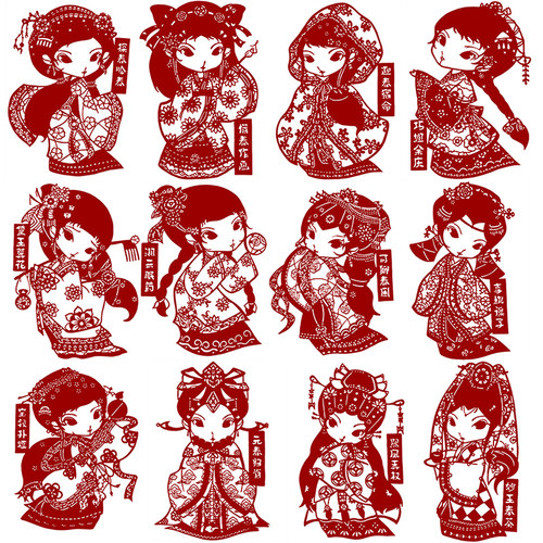 卡通红楼梦十二钗人物刻纸图案底稿剪纸素材图样中国风窗花装饰画