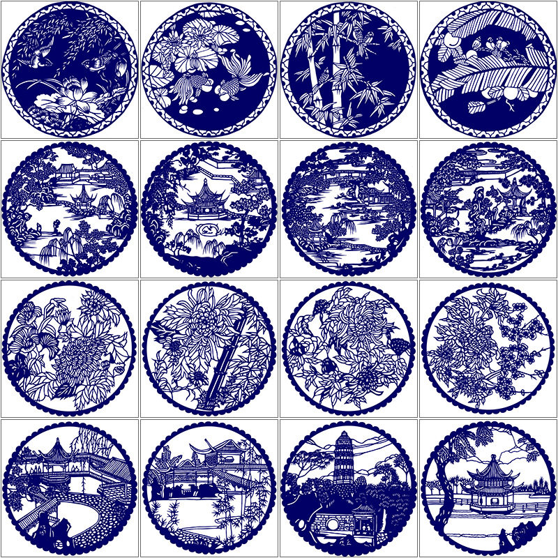 高清建筑风景手工剪纸素材苏州园林西湖刻纸打印底稿梅兰竹菊图样